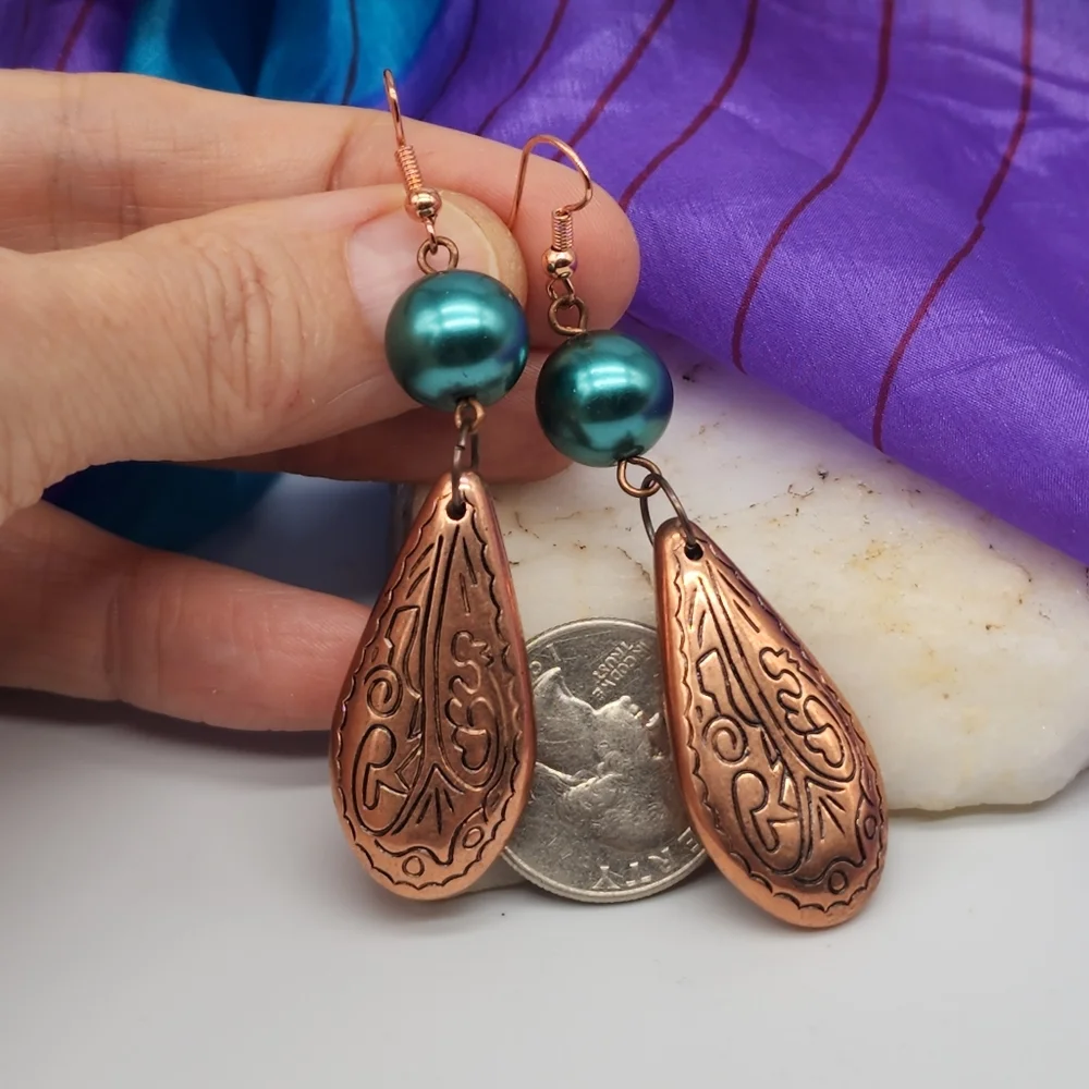 ❤️  Bohemian Jewelry Dangling Teardrops Copper Earrings Faux Pearls